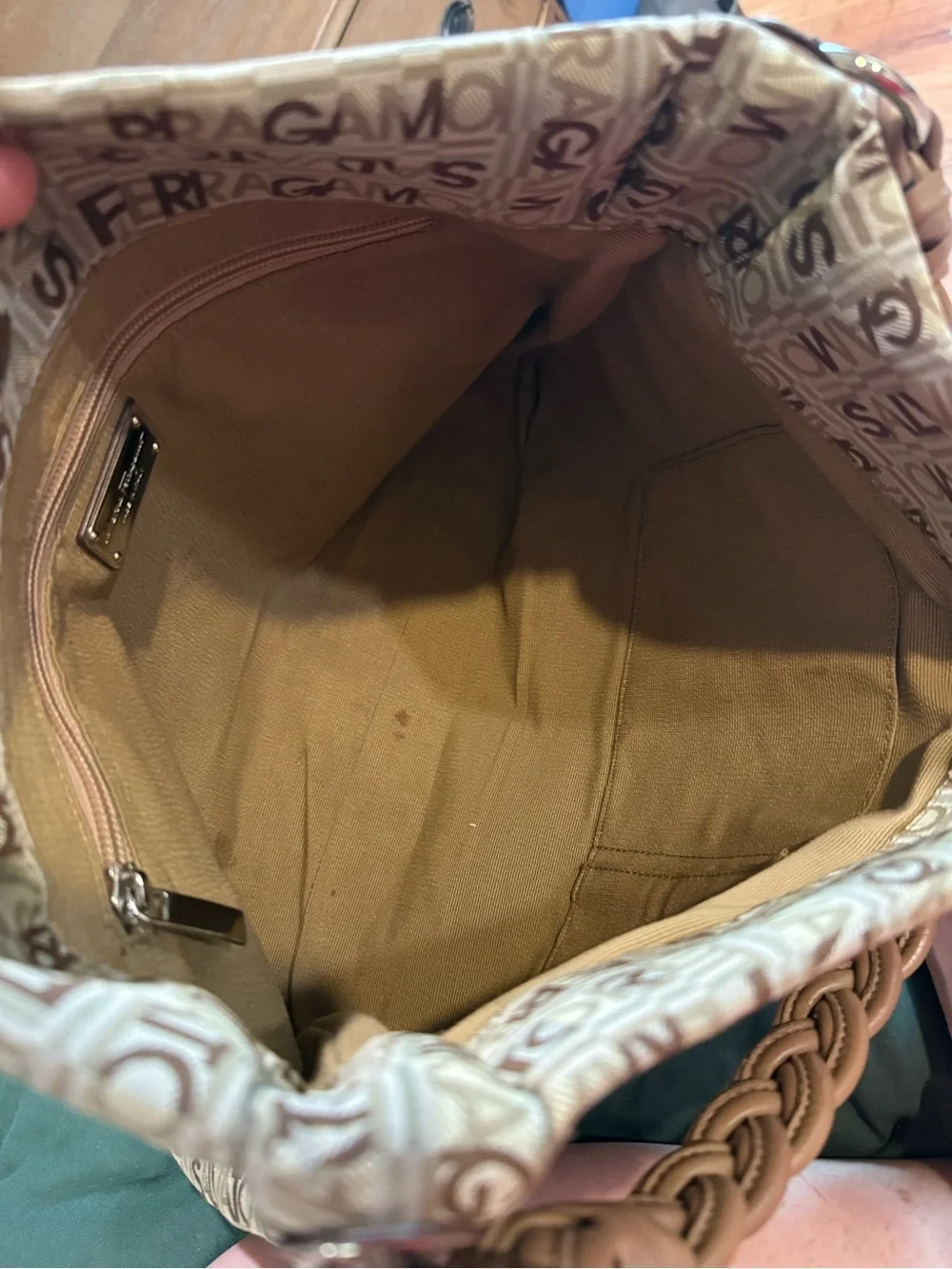 Salvatore Ferragamo Beige & Brown Logo Jacquard Shoulder Bag with Braided Strap